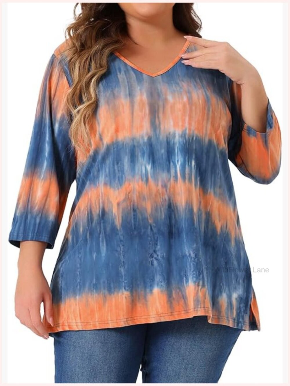 Plus Size V-Neck 3/4 Sleeve Striped Tie Dye Tunic Top